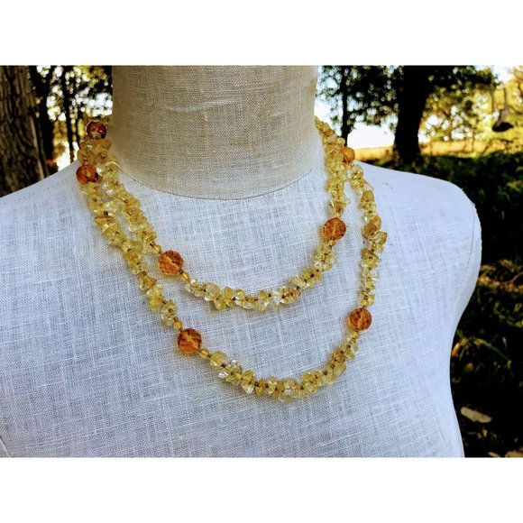 Vintage Amber Glass Beads Citrine Chips Necklace - Picture 9 of 10